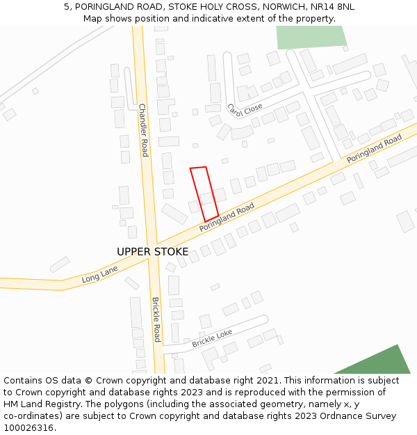 5, PORINGLAND ROAD, STOKE HOLY CROSS, NORWICH, NR14 8NL: Location map and indicative extent of plot