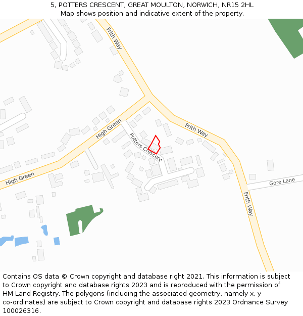 5, POTTERS CRESCENT, GREAT MOULTON, NORWICH, NR15 2HL: Location map and indicative extent of plot