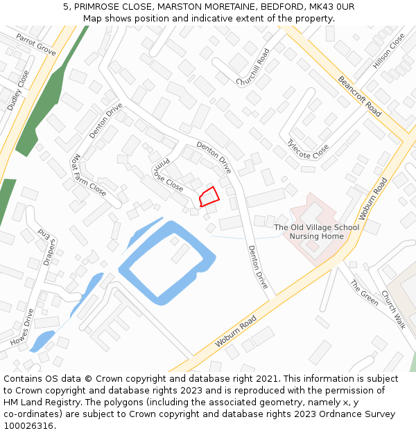 5, PRIMROSE CLOSE, MARSTON MORETAINE, BEDFORD, MK43 0UR: Location map and indicative extent of plot