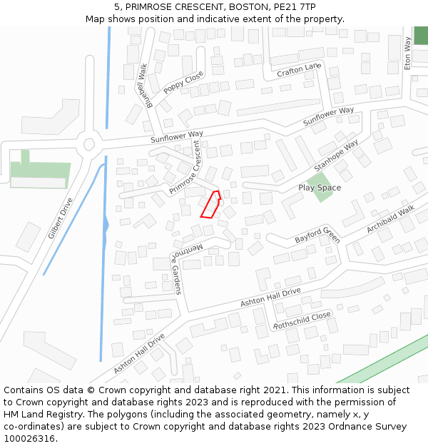 5, PRIMROSE CRESCENT, BOSTON, PE21 7TP: Location map and indicative extent of plot