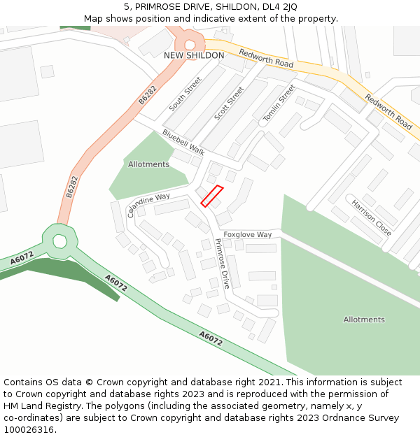 5, PRIMROSE DRIVE, SHILDON, DL4 2JQ: Location map and indicative extent of plot