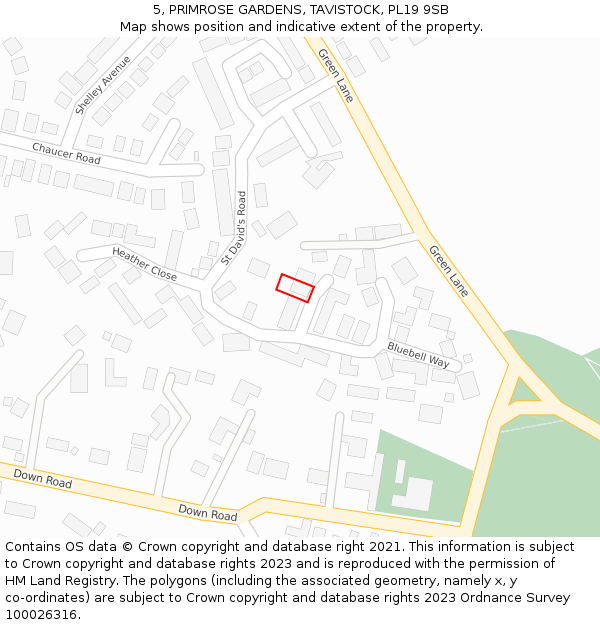 5, PRIMROSE GARDENS, TAVISTOCK, PL19 9SB: Location map and indicative extent of plot