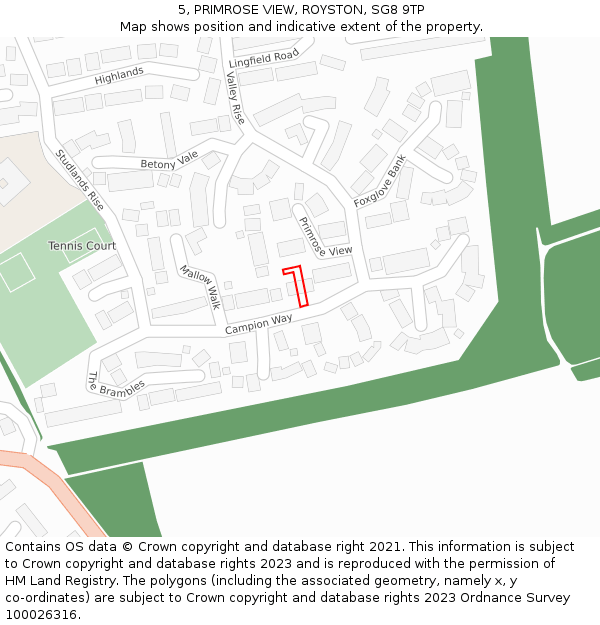 5, PRIMROSE VIEW, ROYSTON, SG8 9TP: Location map and indicative extent of plot