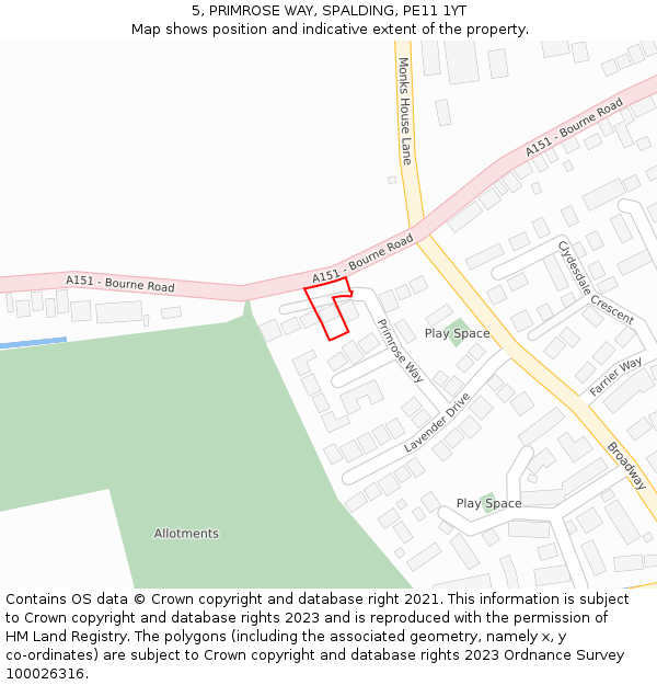 5, PRIMROSE WAY, SPALDING, PE11 1YT: Location map and indicative extent of plot