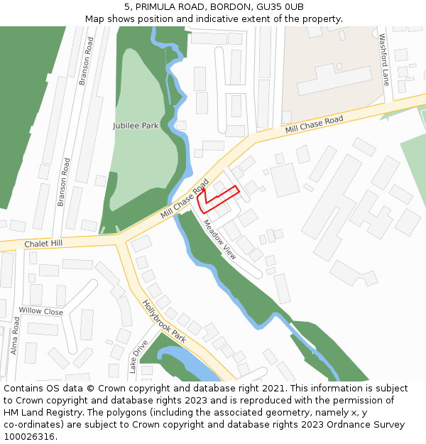 5, PRIMULA ROAD, BORDON, GU35 0UB: Location map and indicative extent of plot