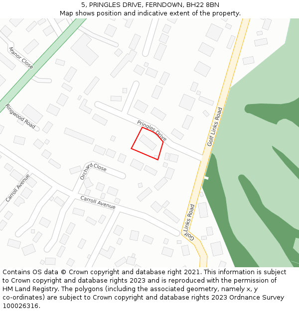 5, PRINGLES DRIVE, FERNDOWN, BH22 8BN: Location map and indicative extent of plot