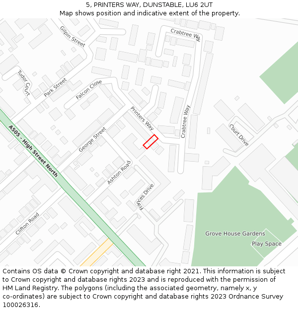 5, PRINTERS WAY, DUNSTABLE, LU6 2UT: Location map and indicative extent of plot