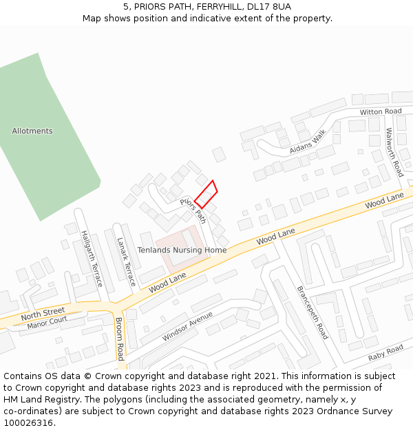 5, PRIORS PATH, FERRYHILL, DL17 8UA: Location map and indicative extent of plot