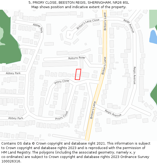 5, PRIORY CLOSE, BEESTON REGIS, SHERINGHAM, NR26 8SL: Location map and indicative extent of plot