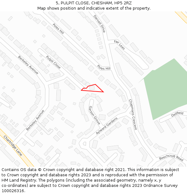 5, PULPIT CLOSE, CHESHAM, HP5 2RZ: Location map and indicative extent of plot