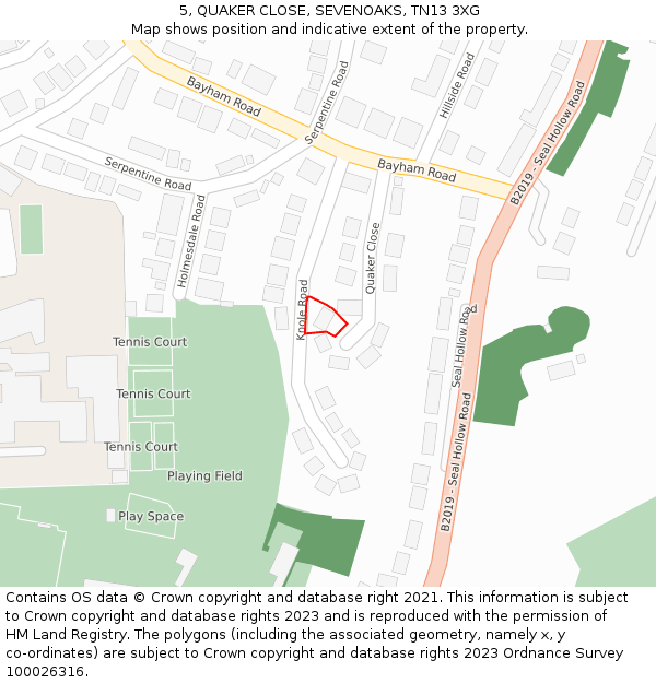 5, QUAKER CLOSE, SEVENOAKS, TN13 3XG: Location map and indicative extent of plot