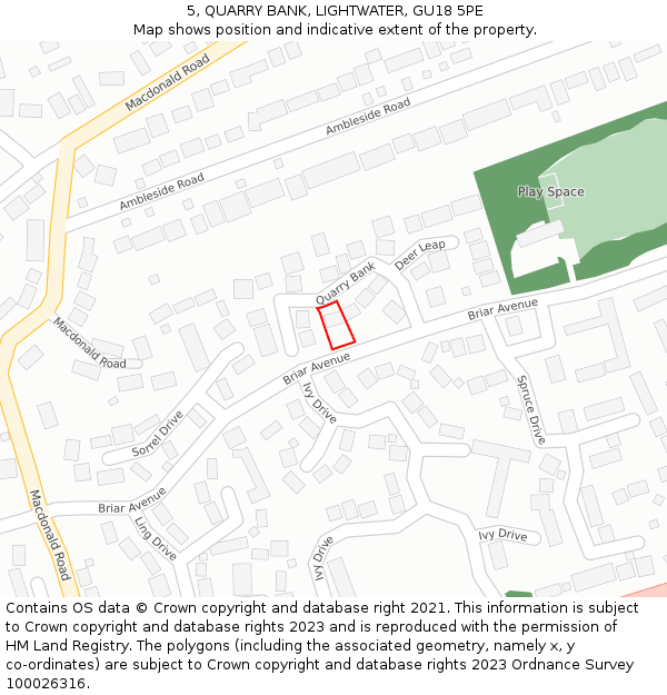 5, QUARRY BANK, LIGHTWATER, GU18 5PE: Location map and indicative extent of plot