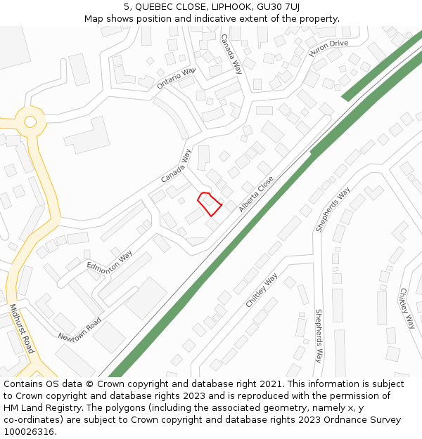 5, QUEBEC CLOSE, LIPHOOK, GU30 7UJ: Location map and indicative extent of plot