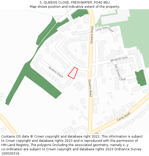 5, QUEENS CLOSE, FRESHWATER, PO40 9EU: Location map and indicative extent of plot