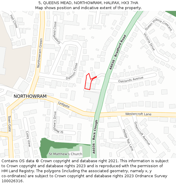 5, QUEENS MEAD, NORTHOWRAM, HALIFAX, HX3 7HA: Location map and indicative extent of plot