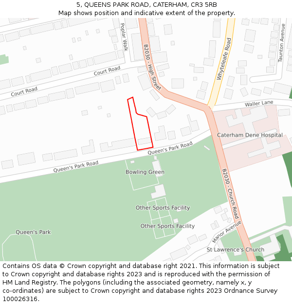 5, QUEENS PARK ROAD, CATERHAM, CR3 5RB: Location map and indicative extent of plot