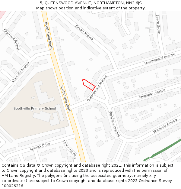 5, QUEENSWOOD AVENUE, NORTHAMPTON, NN3 6JS: Location map and indicative extent of plot