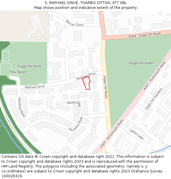 5, RAPHAEL DRIVE, THAMES DITTON, KT7 0BL: Location map and indicative extent of plot