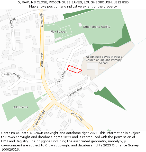 5, RAWLINS CLOSE, WOODHOUSE EAVES, LOUGHBOROUGH, LE12 8SD: Location map and indicative extent of plot