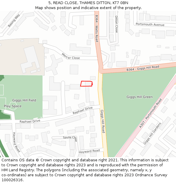 5, READ CLOSE, THAMES DITTON, KT7 0BN: Location map and indicative extent of plot