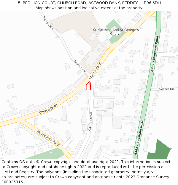 5, RED LION COURT, CHURCH ROAD, ASTWOOD BANK, REDDITCH, B96 6DH: Location map and indicative extent of plot