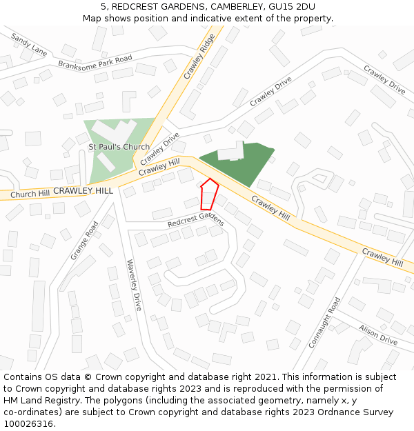 5, REDCREST GARDENS, CAMBERLEY, GU15 2DU: Location map and indicative extent of plot