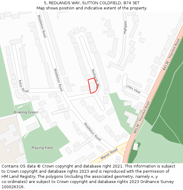 5, REDLANDS WAY, SUTTON COLDFIELD, B74 3ET: Location map and indicative extent of plot