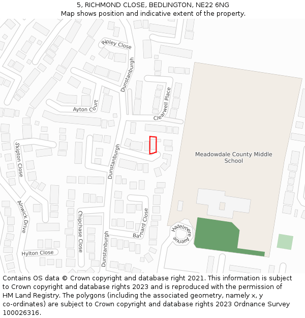 5, RICHMOND CLOSE, BEDLINGTON, NE22 6NG: Location map and indicative extent of plot