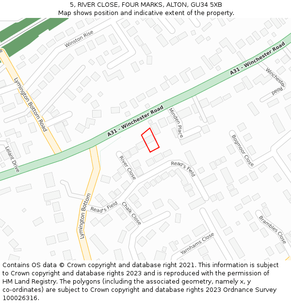 5, RIVER CLOSE, FOUR MARKS, ALTON, GU34 5XB: Location map and indicative extent of plot