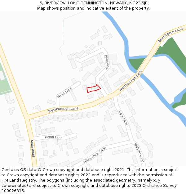 5, RIVERVIEW, LONG BENNINGTON, NEWARK, NG23 5JF: Location map and indicative extent of plot