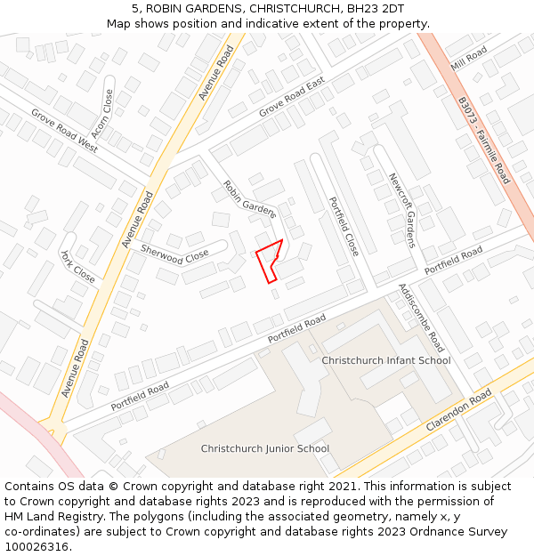 5, ROBIN GARDENS, CHRISTCHURCH, BH23 2DT: Location map and indicative extent of plot