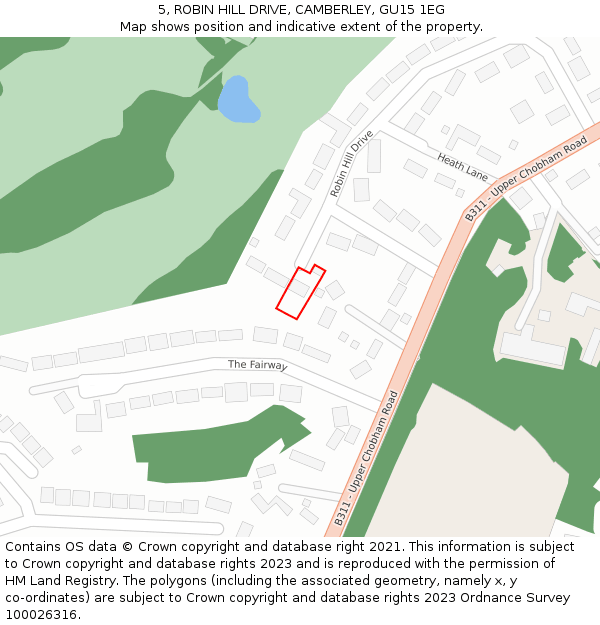 5, ROBIN HILL DRIVE, CAMBERLEY, GU15 1EG: Location map and indicative extent of plot