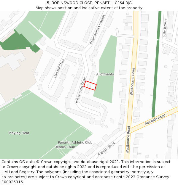 5, ROBINSWOOD CLOSE, PENARTH, CF64 3JG: Location map and indicative extent of plot
