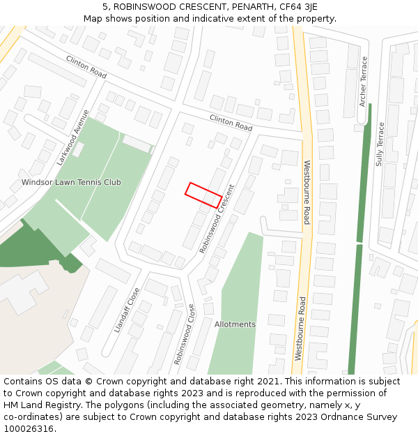 5, ROBINSWOOD CRESCENT, PENARTH, CF64 3JE: Location map and indicative extent of plot