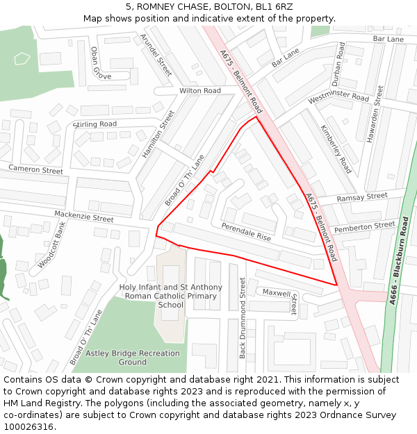 5, ROMNEY CHASE, BOLTON, BL1 6RZ: Location map and indicative extent of plot