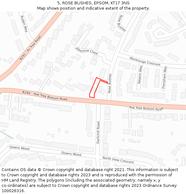 5, ROSE BUSHES, EPSOM, KT17 3NS: Location map and indicative extent of plot