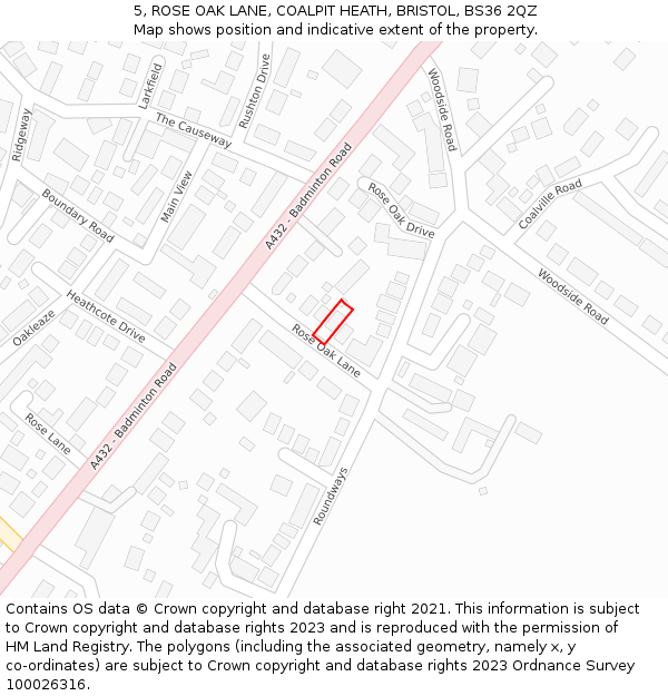 5, ROSE OAK LANE, COALPIT HEATH, BRISTOL, BS36 2QZ: Location map and indicative extent of plot