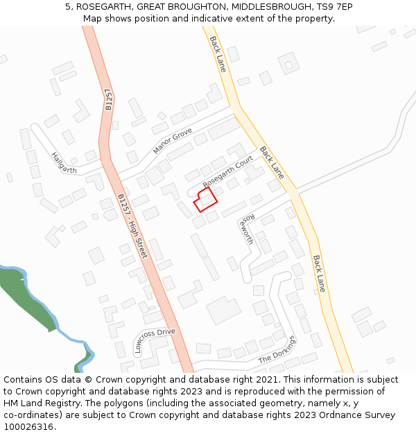 5, ROSEGARTH, GREAT BROUGHTON, MIDDLESBROUGH, TS9 7EP: Location map and indicative extent of plot