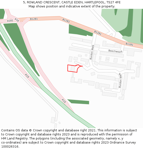 5, ROWLAND CRESCENT, CASTLE EDEN, HARTLEPOOL, TS27 4FE: Location map and indicative extent of plot