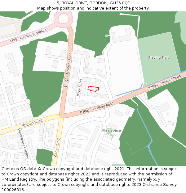 5, ROYAL DRIVE, BORDON, GU35 0QF: Location map and indicative extent of plot
