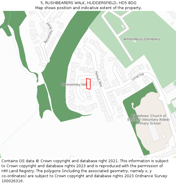 5, RUSHBEARERS WALK, HUDDERSFIELD, HD5 8DG: Location map and indicative extent of plot