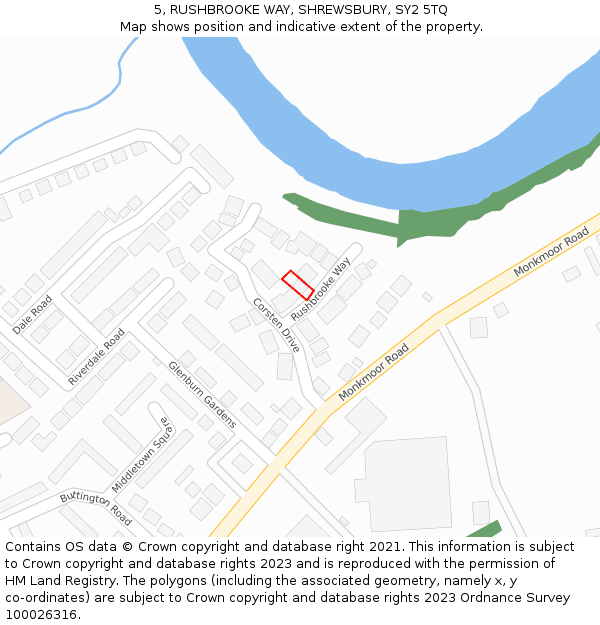 5, RUSHBROOKE WAY, SHREWSBURY, SY2 5TQ: Location map and indicative extent of plot