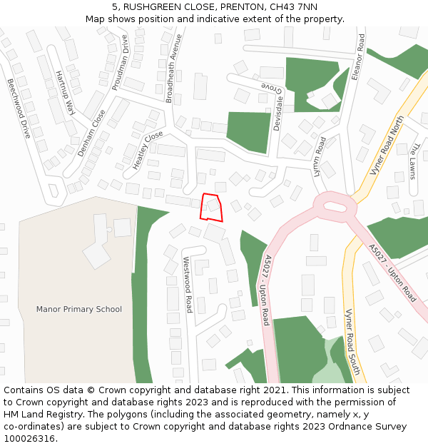 5, RUSHGREEN CLOSE, PRENTON, CH43 7NN: Location map and indicative extent of plot