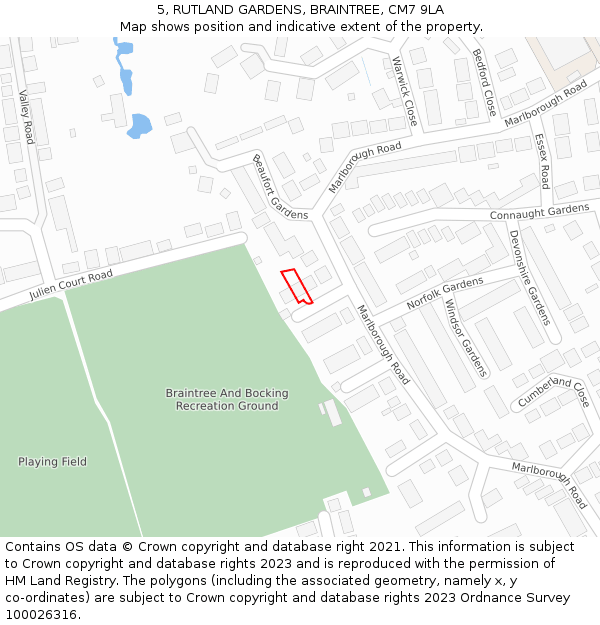 5, RUTLAND GARDENS, BRAINTREE, CM7 9LA: Location map and indicative extent of plot