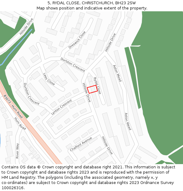 5, RYDAL CLOSE, CHRISTCHURCH, BH23 2SW: Location map and indicative extent of plot