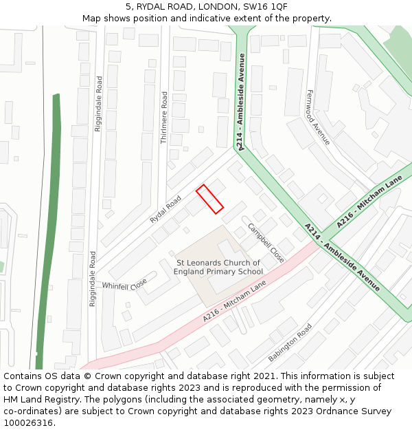 5, RYDAL ROAD, LONDON, SW16 1QF: Location map and indicative extent of plot