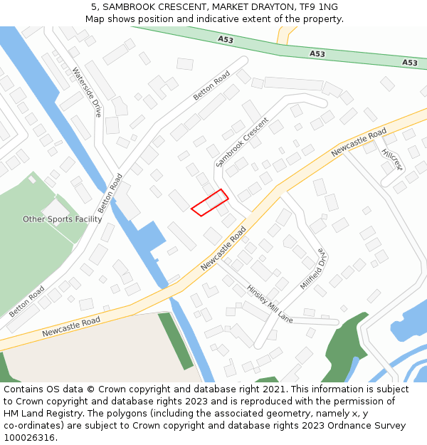 5, SAMBROOK CRESCENT, MARKET DRAYTON, TF9 1NG: Location map and indicative extent of plot