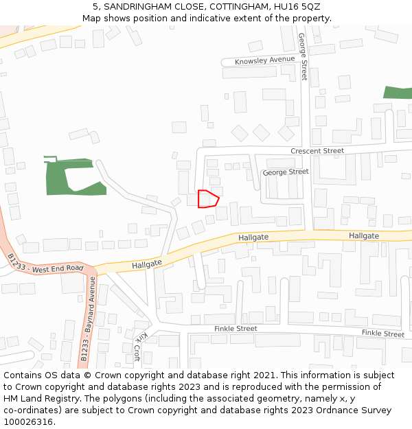 5, SANDRINGHAM CLOSE, COTTINGHAM, HU16 5QZ: Location map and indicative extent of plot