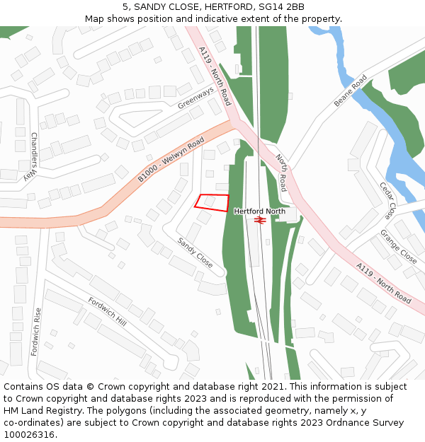 5, SANDY CLOSE, HERTFORD, SG14 2BB: Location map and indicative extent of plot