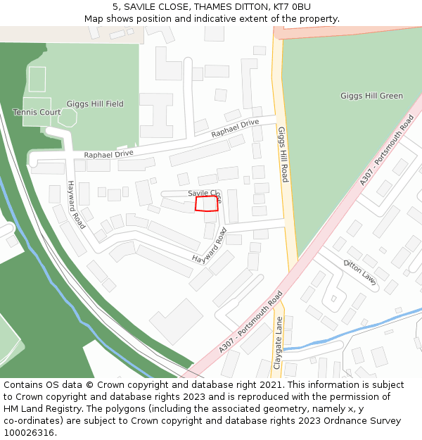 5, SAVILE CLOSE, THAMES DITTON, KT7 0BU: Location map and indicative extent of plot